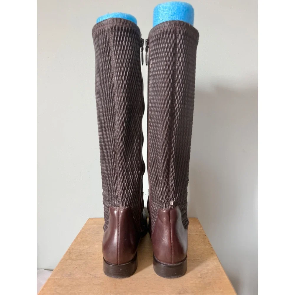 Cole Haan Rockland Brown Leather Woven Stretch Back Tall Riding Boots Size 6